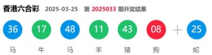 香港六合彩 2025-03-25 第 2025033期开奖结果
